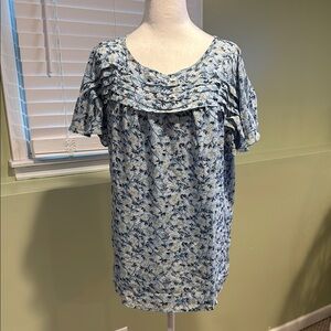 Max Studio Floral Blue Blouse with Ruffle Detail size XL NWT